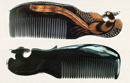 Natural Buffalo Horn Hair Comb Carved with Dragon Phoenix
